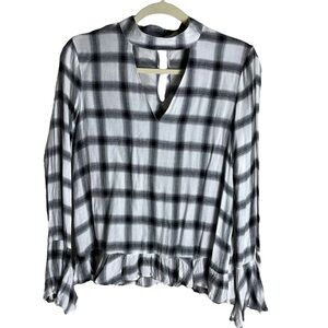 English Factory Black White Plaid Choker Neck Cutout Ruffle Hem Top Small